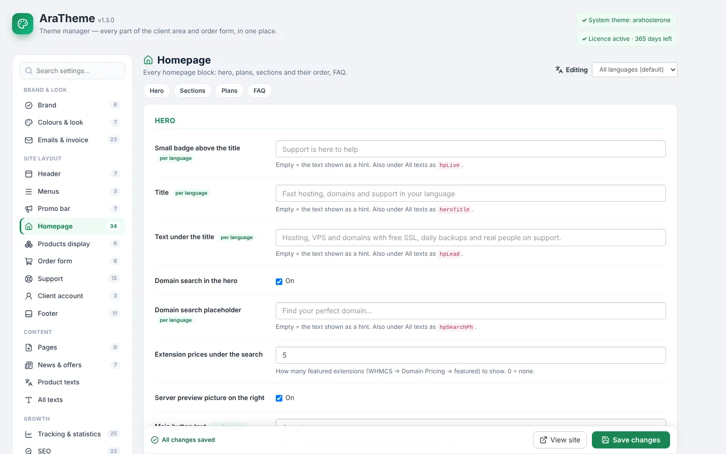 AraTheme theme manager homepage settings