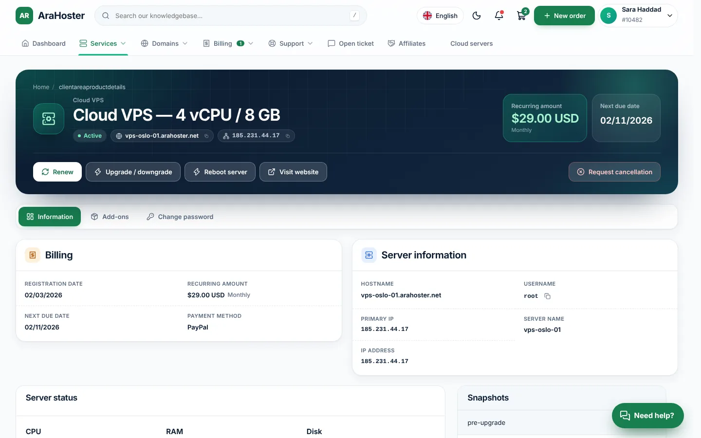 AraTheme service details page in the client area