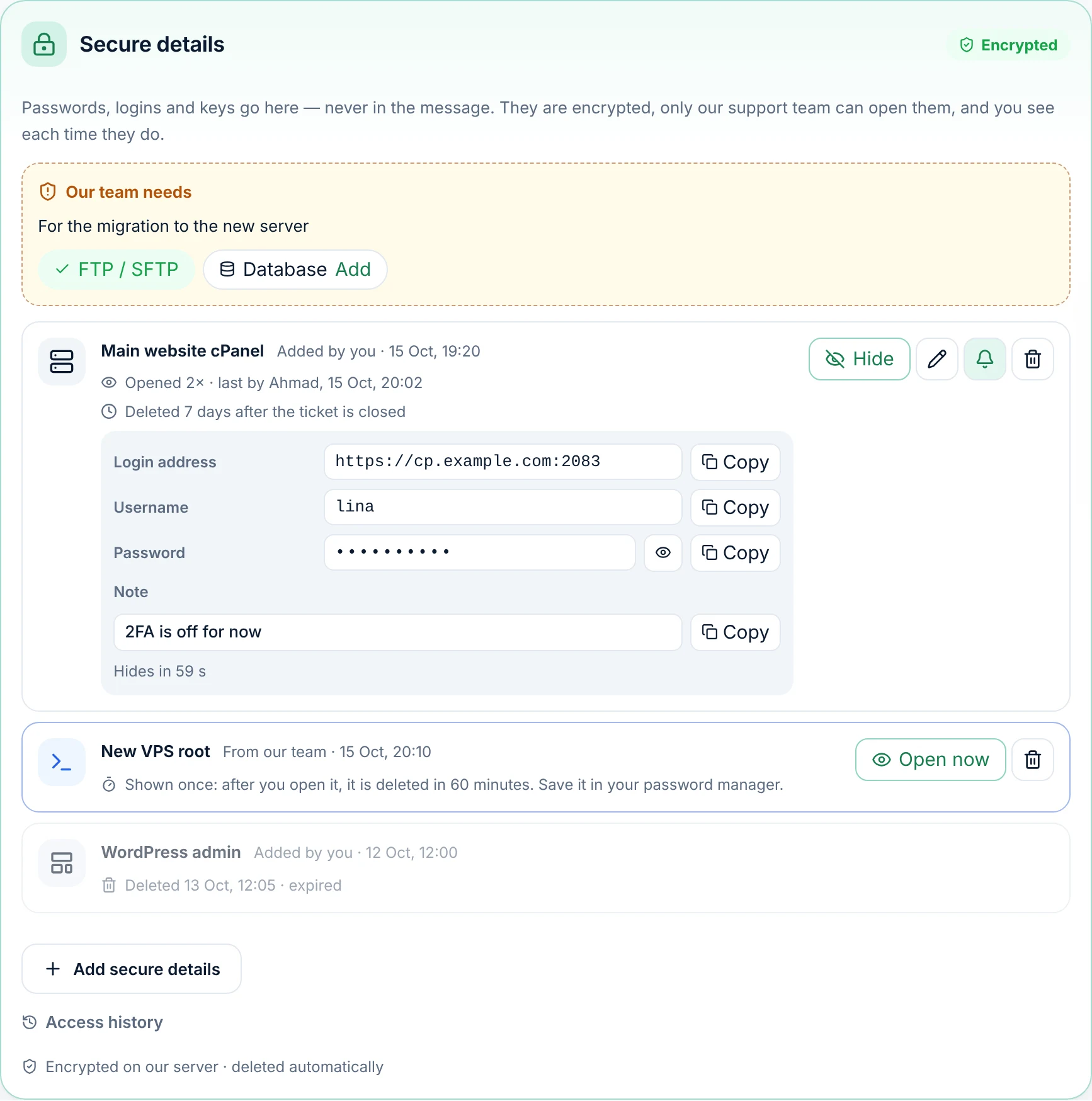Secure details box on an AraTheme ticket page